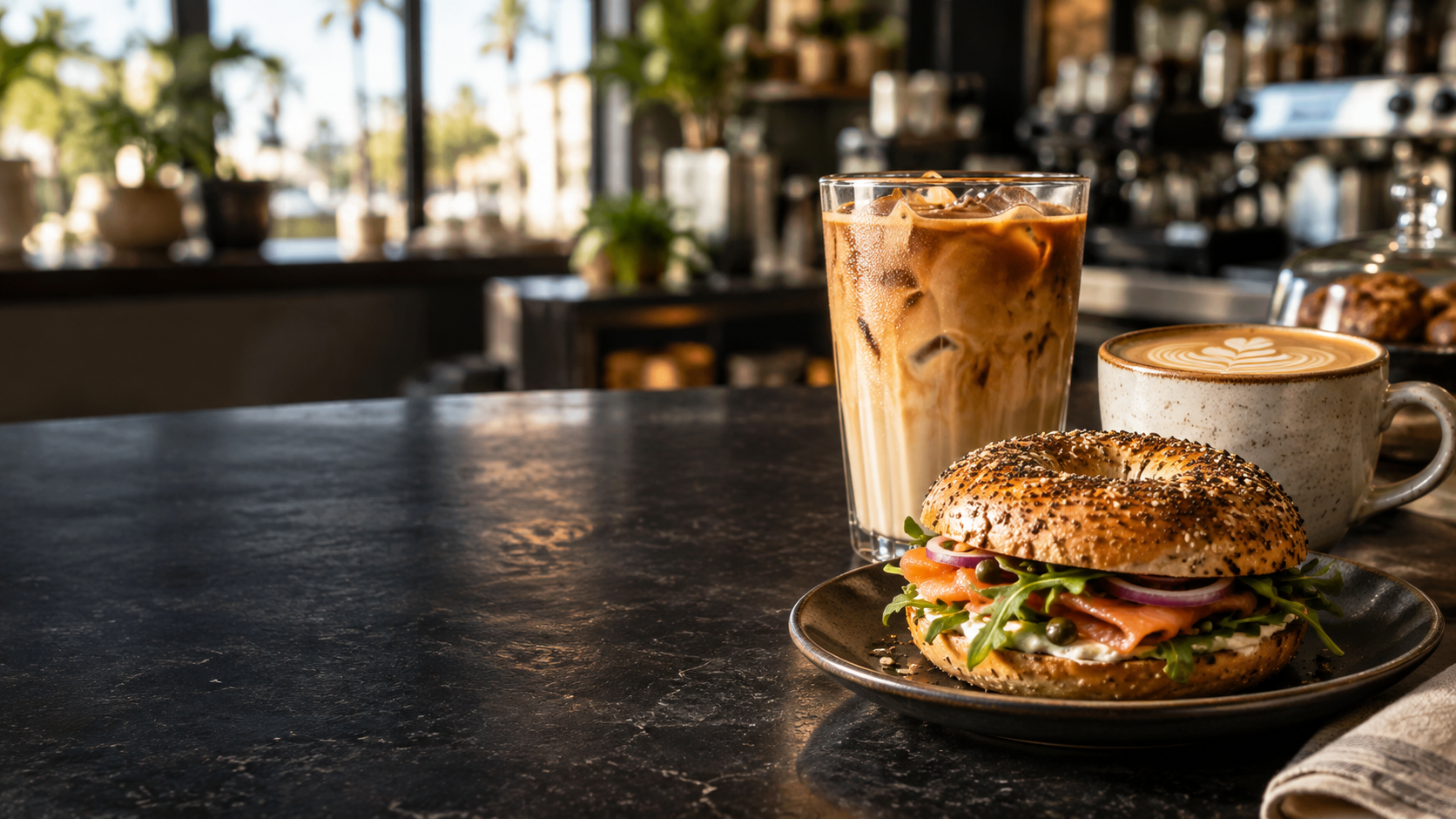 Iced coffee, hot latte and a fresh bagel sandwich on a café counter